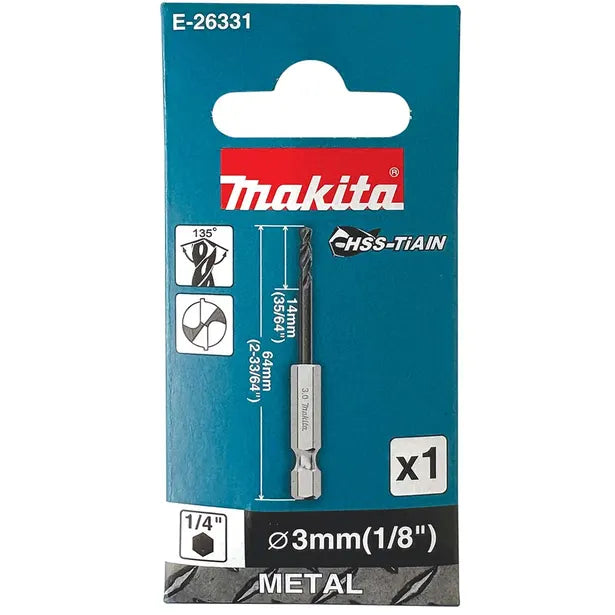 Makita 3mm (1/8") x 1/4" Hex HSS Metal Drill Bit | E-26331