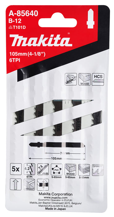 Makita Wood Jigsaw Blade B-12 HCS 105mm x 6tpi / Fast Finish - A-85640