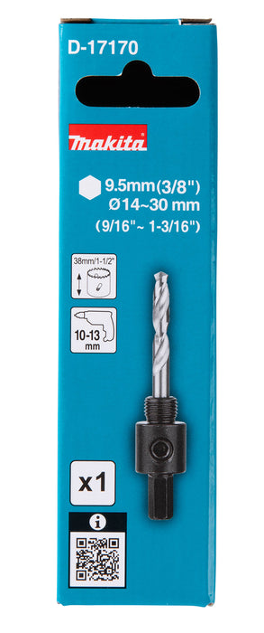 Makita 9.5mm (3/8") Shaft Hole Saw Adaptor With Pilot Drill - Suits 14-30mm Hole Saws - D-17170
