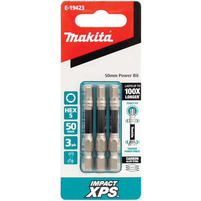 Makita Impact XPS HEX5 x 50mm Power Bits - 3 Pack - E-19423