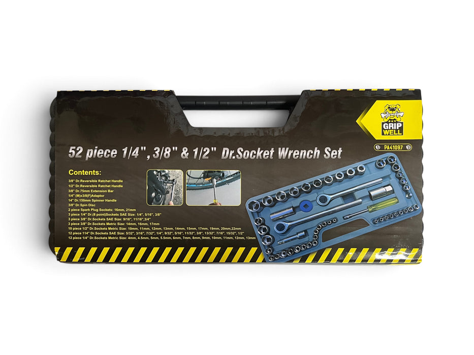 GripWell 52-Piece 1/4", 3/8", and 1/2" Drive Socket Wrench Set - PA41097