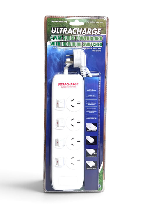 ULTRACHARGE 4 Way Surge White Powerboard with Individual Switches - UR100/4SW