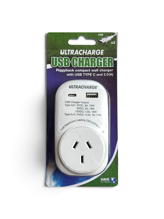 ULTRACHARGE Piggyback Compact Wall Charger with USB Type-C and USB 2.0 - UR100USB/C