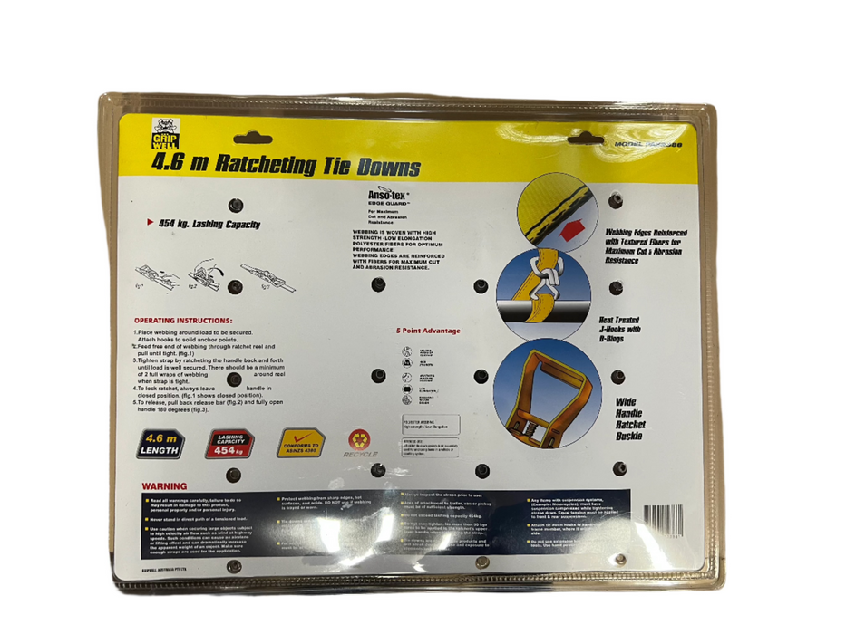 Gripwell Heavy Duty 4 Pack 4.6m Ratchet Tie Down - PA52388