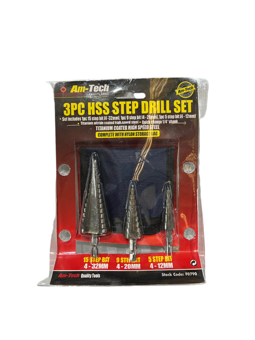 Am-Tech 3-Piece HSS Step Drill Bit Set 1/4" Hex Drive - F0790