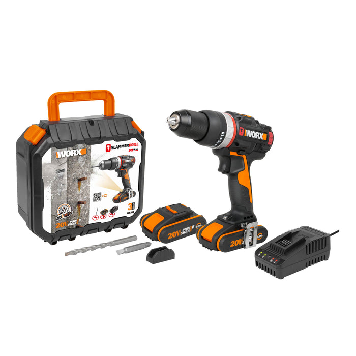 WORX 20V 50Nm Active Hammer Drill – Brushless | 2x 2Ah POWERSHARE Kit | WX-JCR