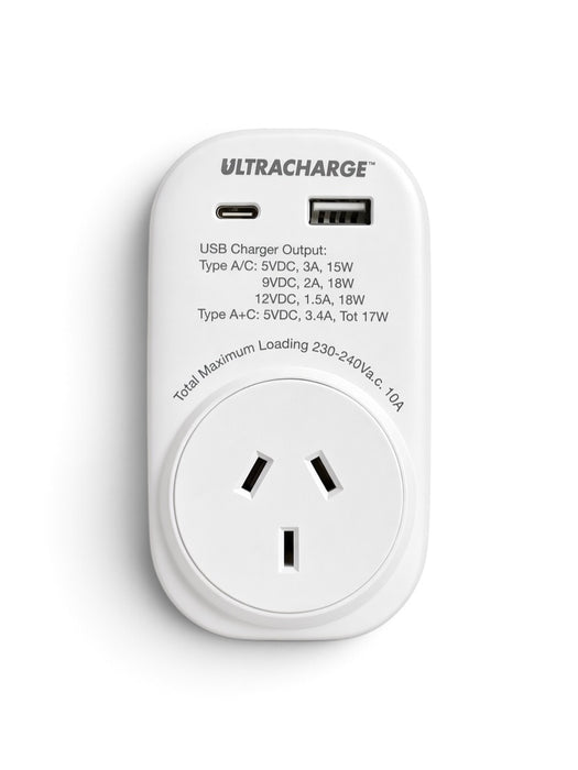 ULTRACHARGE Piggyback Compact Wall Charger with USB Type-C and USB 2.0 - UR100USB/C